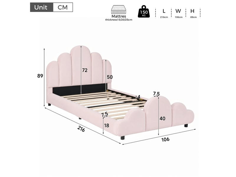  Lit enfant 90 × 200 cm avec cadre à lattes, tête et pied de lit rembourrés en velours rose, chambre 216 × 106 × 89 cm  - Conforama C