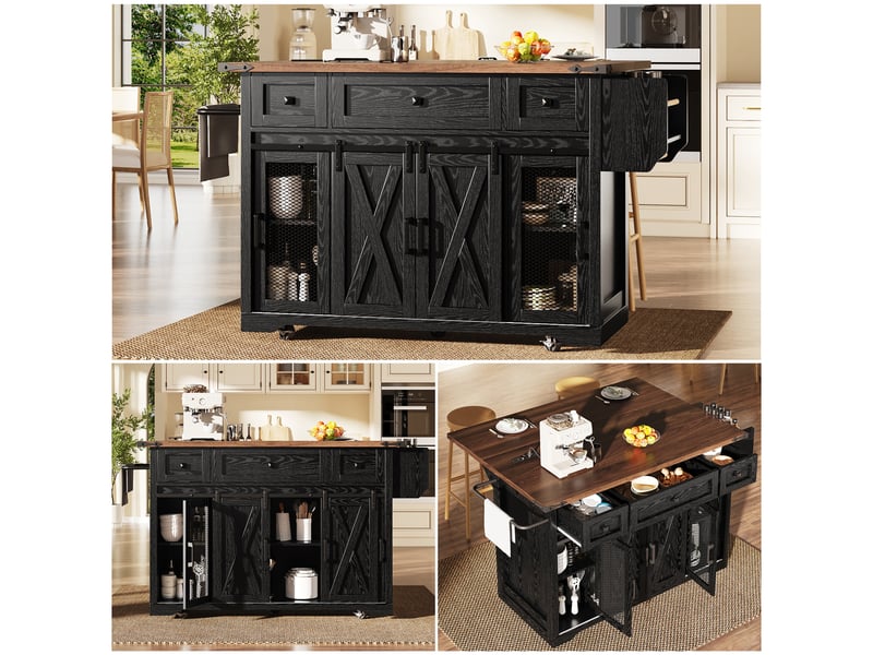 Îlot de cuisine sur roulettes noir avec plan de travail extensible, prises électriques intégrées, hauteur 91 cm  - Conforama C
