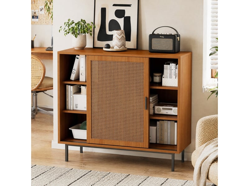  Buffet bas en bois d'ingénierie noyer avec 2 portes coulissantes et étagères réglables, style campagne, 100 x 37 x 90 cm  - Conforama C