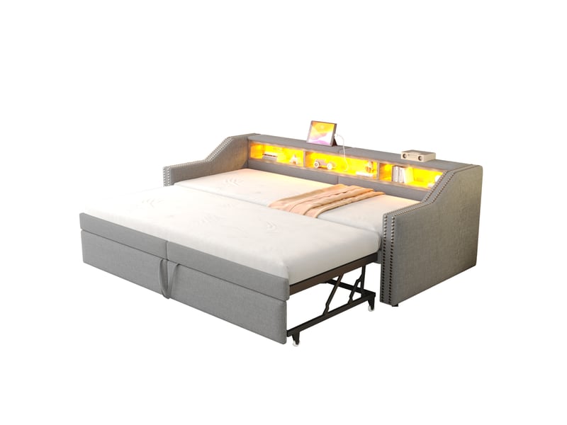  Lit banquette 90180x200 cm – gris clair – couchage gigogne extensible avec led, usb et rangements intégrés  - Conforama A