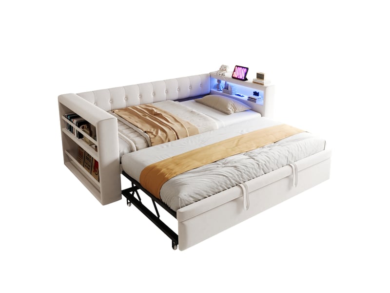  Lit gigogne lit banquette 90x190 cm, canapé-lit avec éclairage led, ports usb, tissu flanelle beige, sommier à lattes inclus OPULERANE TRADING LTD - Conforama A