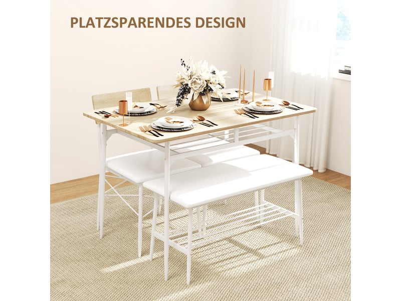  Ensemble table et chaises avec 1 table, 2 chaises et 1 banc  - rangements - acier, mdf et similicuir - chêne  - Conforama E