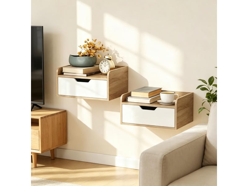  Lot de 2 tables de chevet murales avec tiroir, design moderne et plateau rebordé  - Conforama B