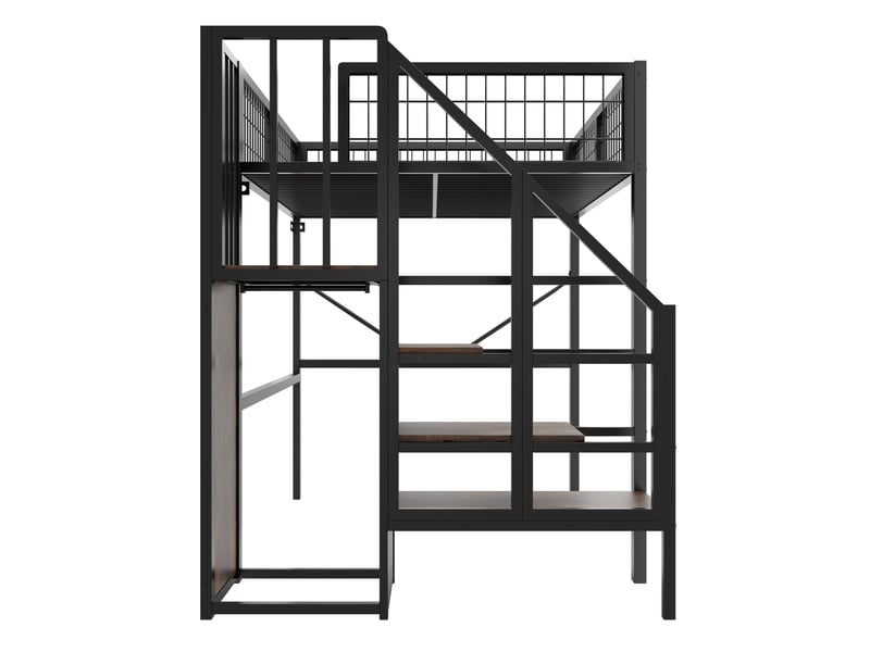  Lit mezzanine 140x200 cm avec échelle de rangement, éclairage led, structure en métal, coloris noir, vendu sans matelas  - Conforama E