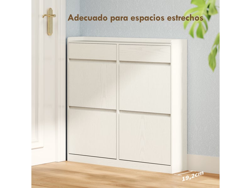  Meuble à chaussures étroit avec 2 tiroirs, 4 compartiments abattants et plateau, 98 x 19,2 x 95,3 cm, aspect bois blanc  - Conforama E