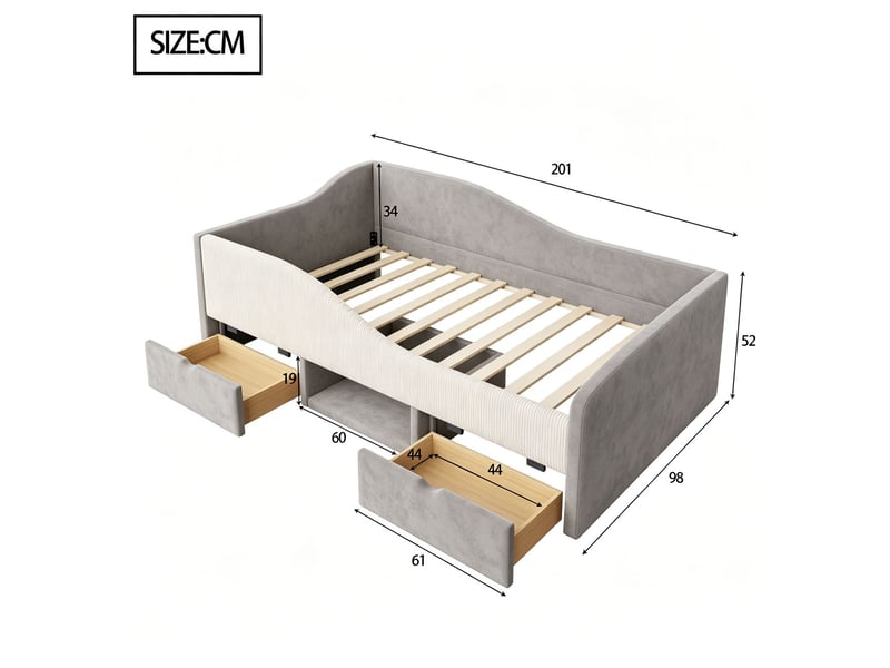  Lit avec tiroirs 90 x 190 cm multifonctionnel deux tiroirs velours doux barrières de sécurité gris  - Conforama C