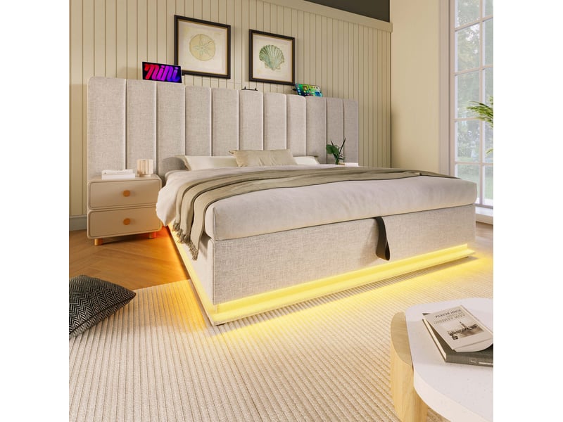  Lit adulte 180x200 rangement led usb c lin beige avec matelas et sommier stable homvra  - Conforama C
