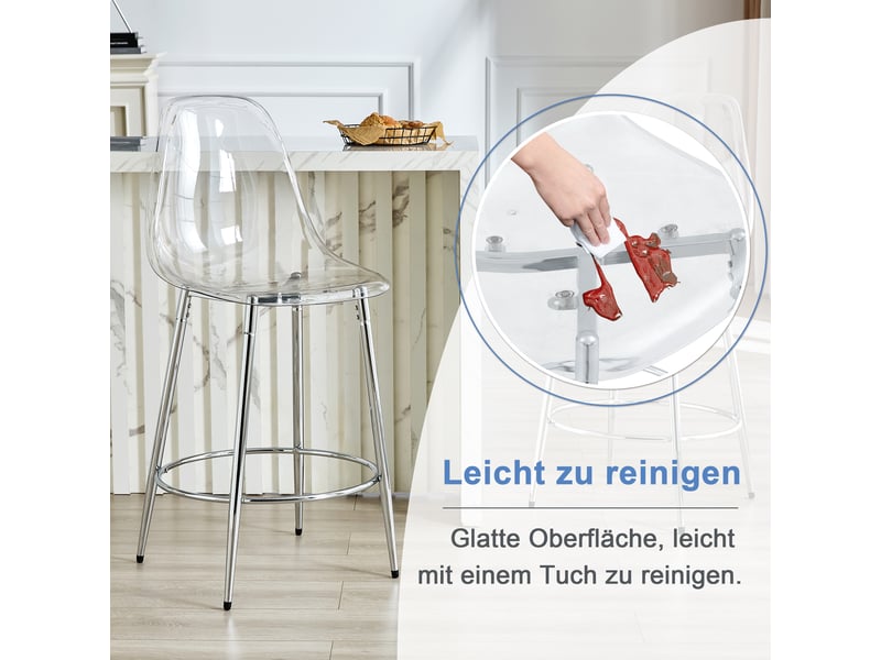 Lot de 2 tabourets de bar transparents avec dossier ergonomique, pieds en métal argenté et repose-pieds intégré, hauteur totale 102 cm - Conforama W