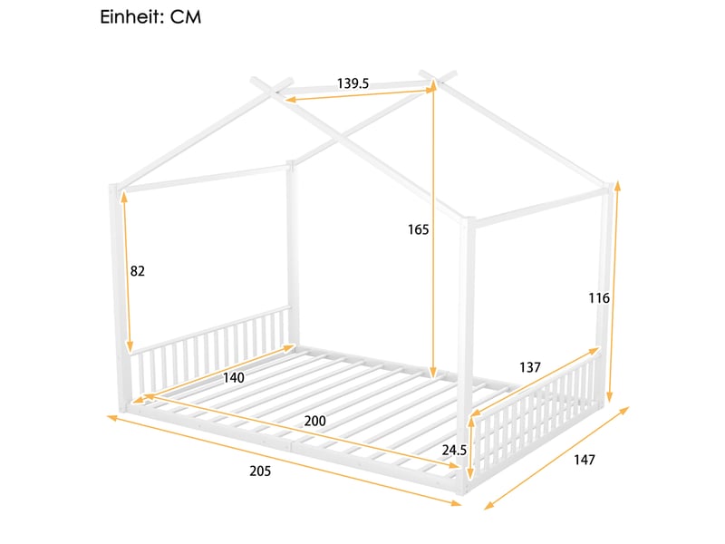  Lit cabane enfant 140 x 200 cm, lit a cadre en fer et d'un matériau mdf, lit double avec barre de maison, sans matelas, blanc  - Conforama W