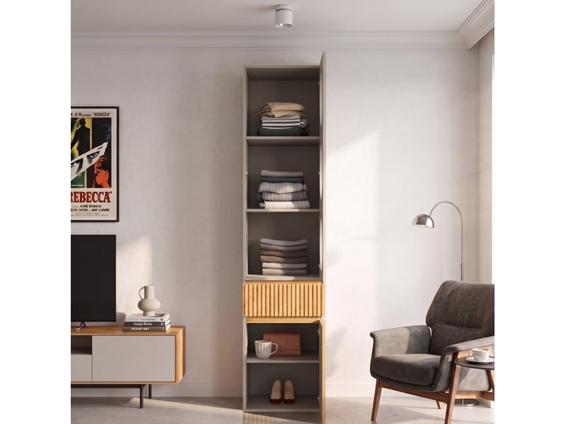  Armoire colonne 45x50x200 cm, 2 portes, 1 tiroir, mdf et panneau de particules, gris clair et naturel compact, chambre  - Conforama E