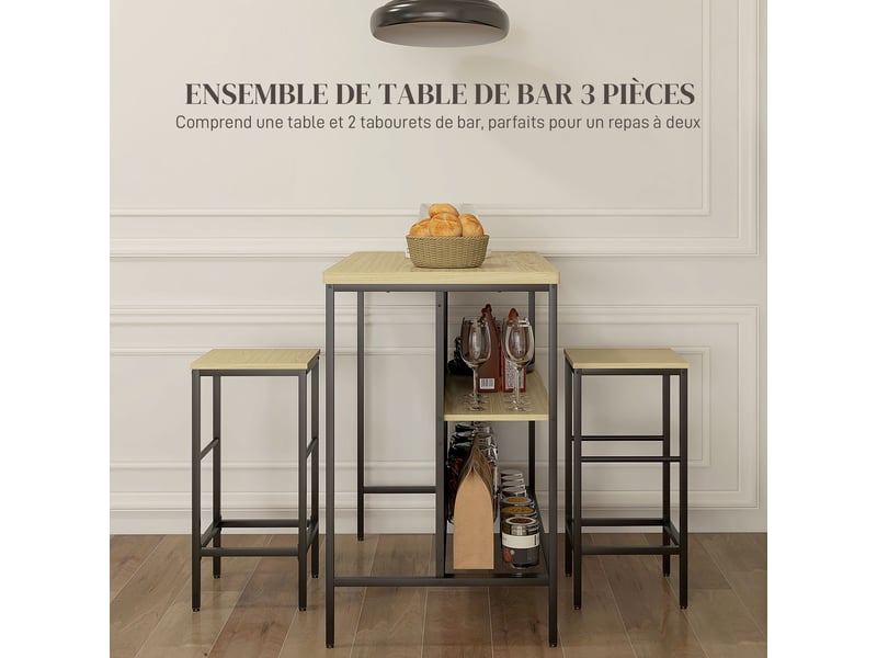 Ensemble table de bar et 2 tabourets style industriel avec étagère de rangement, métal noir et aspect bois, repose-pieds - Conforama A
