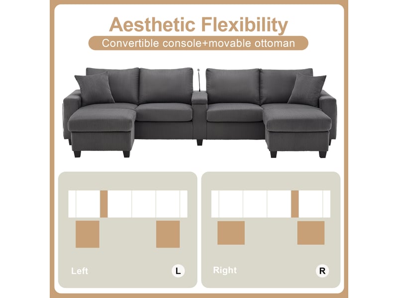  Canapé panoramique en u velours côtelé gris, 4 places avec 2 poufs de rangement &amp; ports usb, accoudoirs led et lampe pour grand salon  - Conforama E