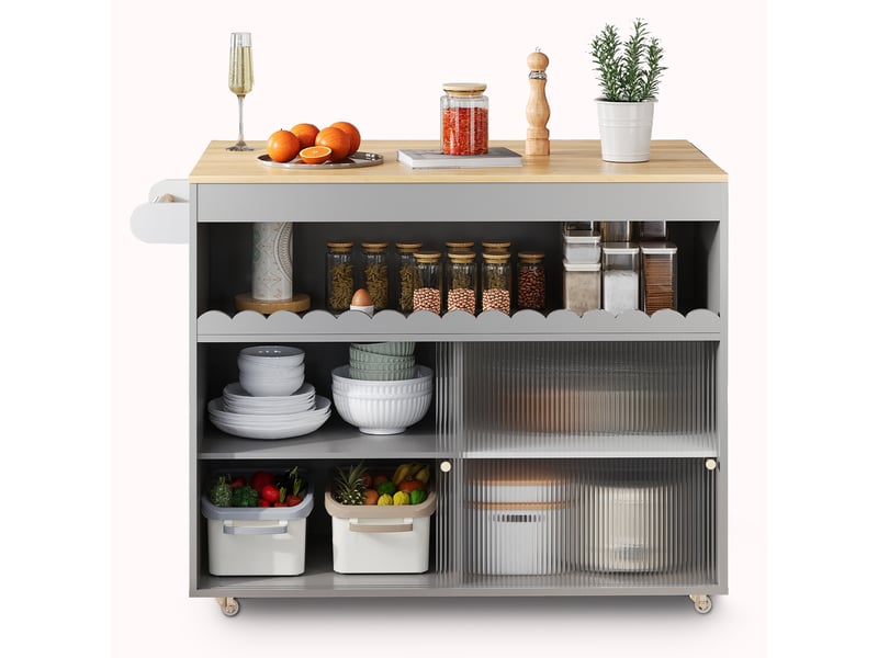  Îlot de cuisine mobile 122 × 46(69) × 91 cm gris, mdf, plateau rabattable chêne, portes coulissantes en verre trempé  - Conforama A