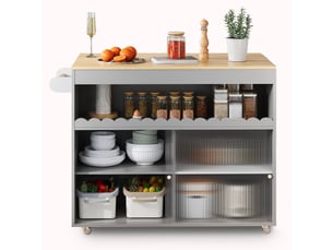 Îlot de cuisine mobile 122 × 46(69) × 91 cm gris, mdf, plateau rabattable chêne, portes coulissantes en verre trempé