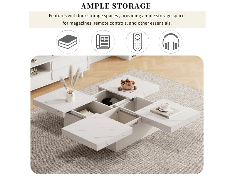  Table basse carrée moderne avec 4 tiroirs et plateau coulissant, effet marbre, pour salon, 90 × 90 × 25 cm  - Conforama E