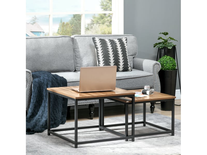 Tables basses gigognes 2 pièces avec pieds réglables plateau effet bois et acier noir style industriel pour salon - Conforama B