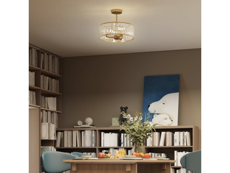  Plafonnier style lustre avec abat-jour en cristal, métal doré, 3 ampoules, 39 x 39 x 32 cm  - Conforama D