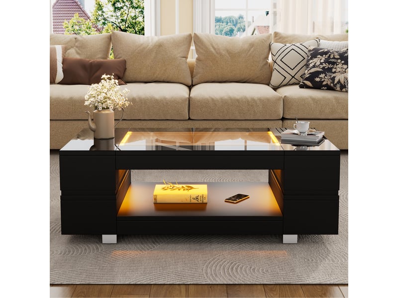  Table basse noire led 100x50x35 cm avec contrôle par application bluetooth, plateau en verre trempé et design creux pour salon  - Conforama E