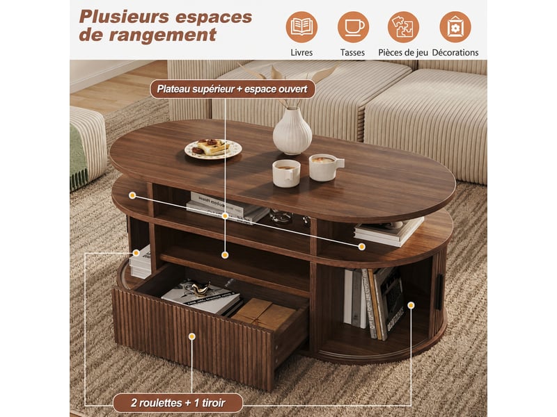  Table basse ovale effet noyer avec tiroir, 2 portes à enroulement et rangements ouverts, mdf, 100 x 50 x 40 cm  - Conforama D