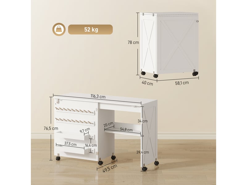  Table de couture pliable mobile 2 bacs 18 porte-bobines étagère blanc  - Conforama C