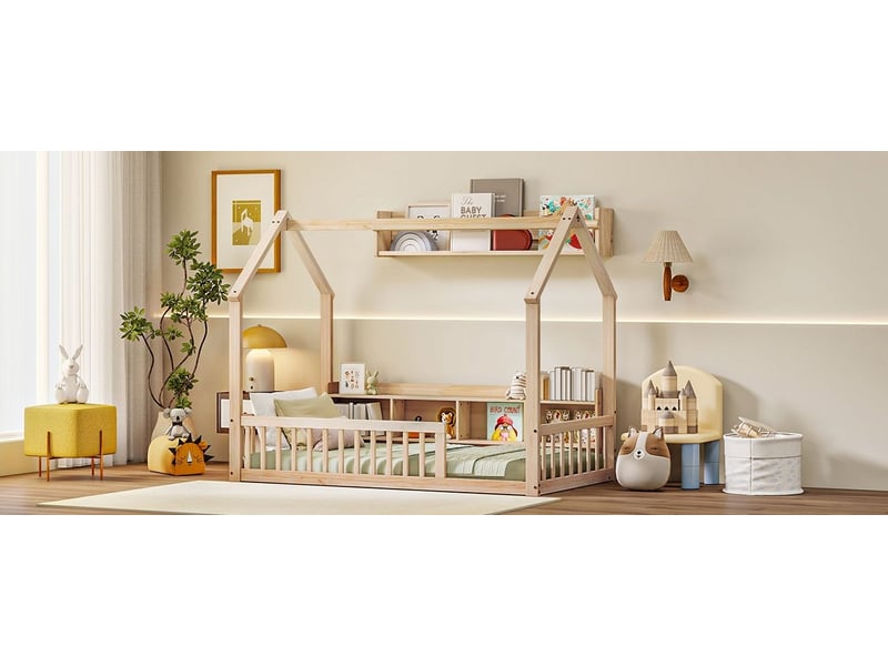  Lit enfant 90 x 200 cm finition naturelle lit simple forme de maison compartiments de rangement bois de pin barrières de sécurité  - Conforama B