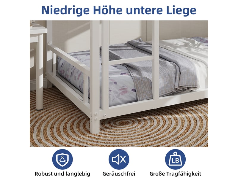 Lit superposé bas - 136cm - garde-corps 33cm - métal robuste - blanc - Conforama B