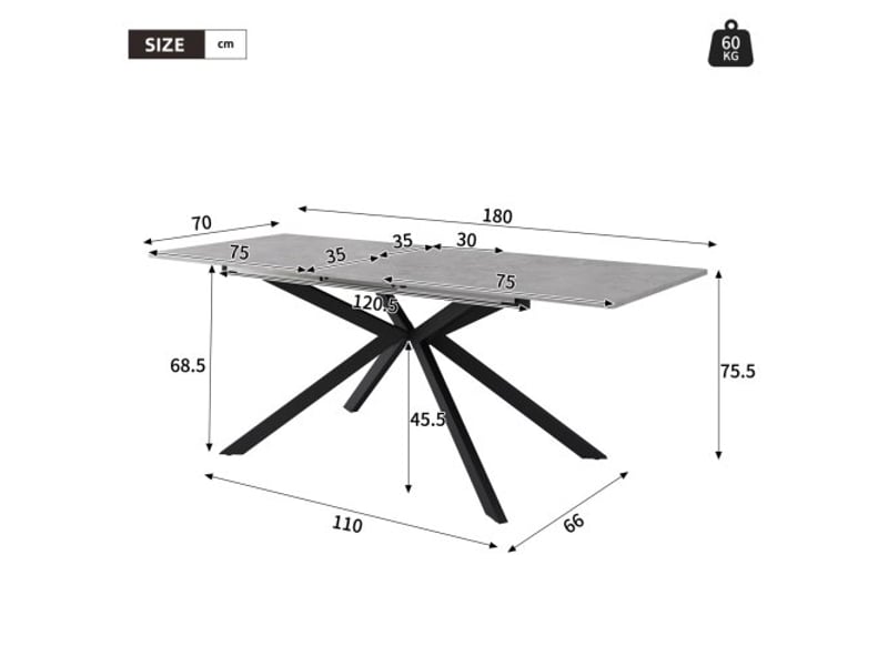 Table de séjour rectangulaire avec allonge gris - 70x150-180max. Cm mdf table bicolore - Conforama C