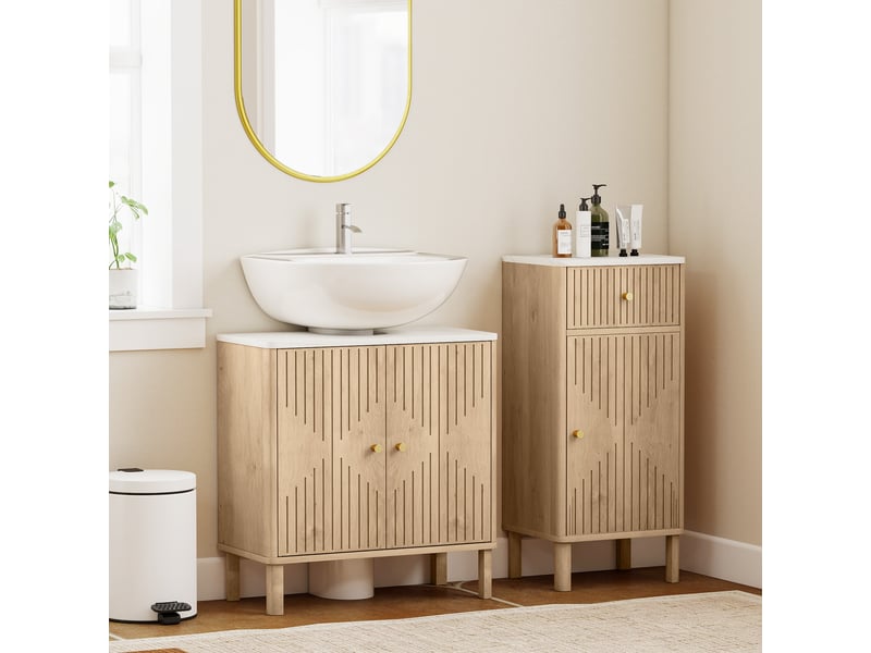  Meuble sous lavabo 60 cm, chêne effet marbre, portes rainurées  - Conforama D
