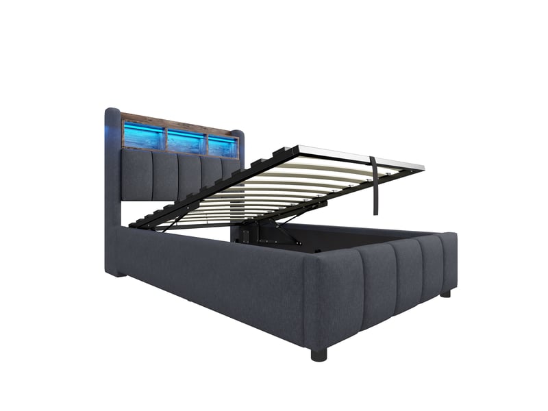  Lit enfant 90x200 cm en tissu gris, led, usb, tête de lit avec rangements et coffre hydraulique  - Conforama E