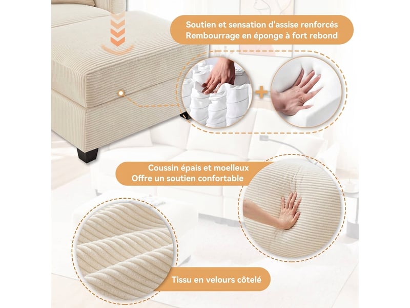  Canapé d'angle en l 3 places avec pouf - velours côtelé beige - port usb et porte-gobelet  - Conforama E