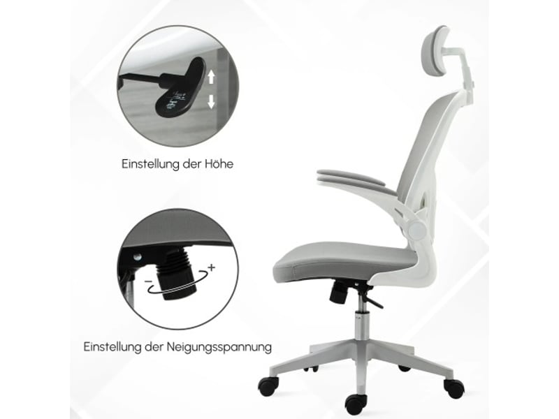  Chaise de bureau ergonomique inclinable avec appui-tête, réglable, grise, 65x64x114-122 cm  - Conforama D