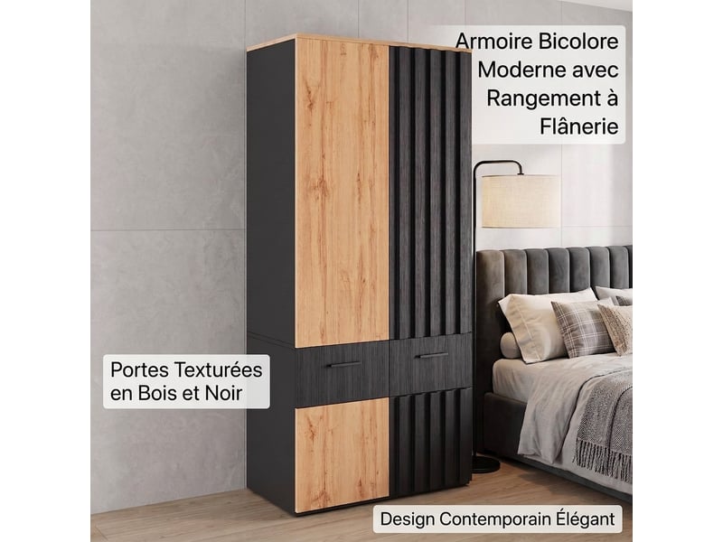 Armoire 3 portes avec miroir et éclairage led, 135x47x200 cm, 4 tiroirs, chêne - Conforama C
