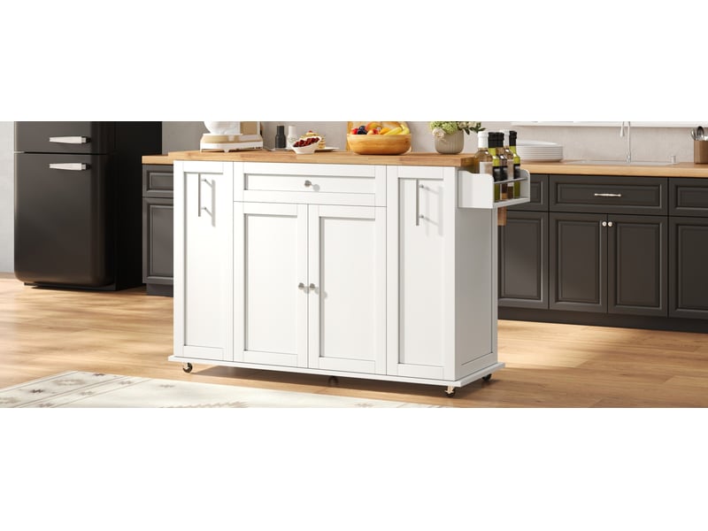 Desserte de cuisine mobile 120x70x87 cm blanche et bois clair en mdf, plateau rabattable et rangements intégrés - Conforama D