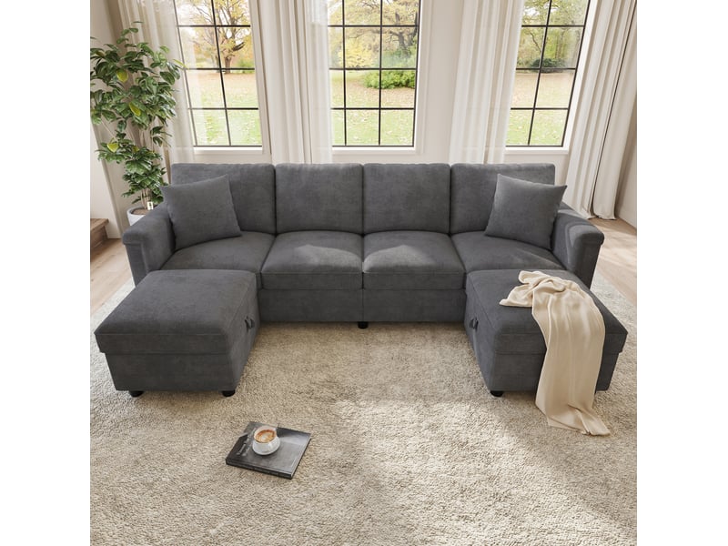 Canapé modulaire 4 places convertible en l ou u avec rangements et ports usb en chenille gris, 261 × 134 × 82 cm - Conforama D