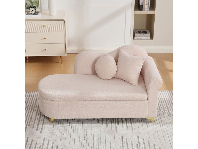  Chaise longue moderne pour salon, 134 cm, tissu effet peau de mouton, rangement caché, assise ferme et coussins inclus  - Conforama R