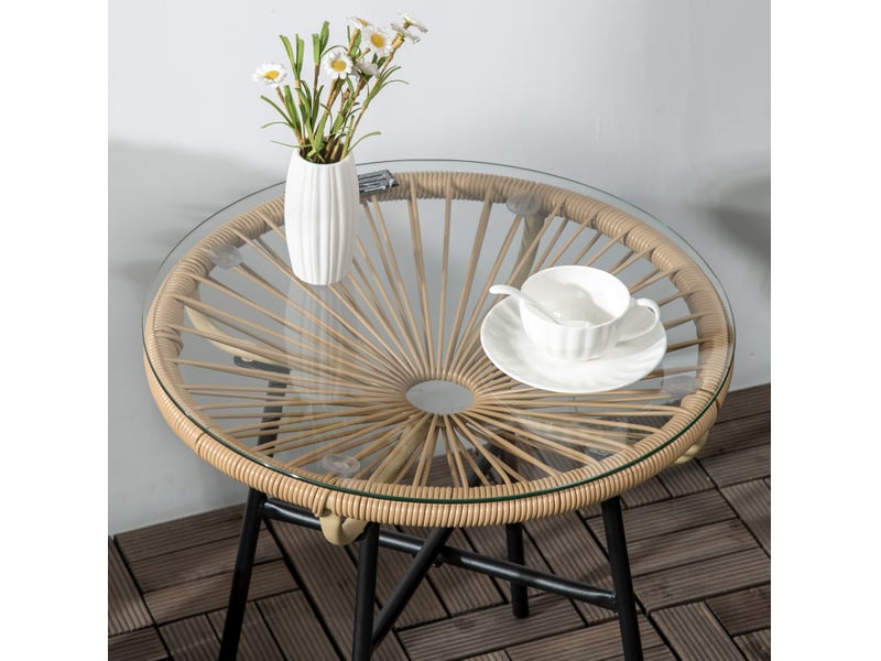  Table d'appoint de jardin ronde 50 x 50 x 50 cm beige et noire, verre trempé et résine tressée, terrasse  - Conforama E
