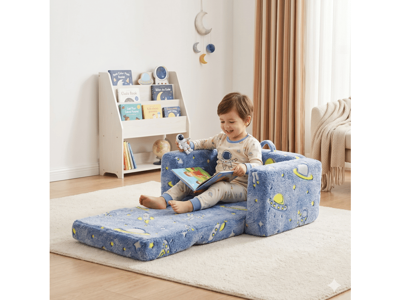  Fauteuil enfant pliable 103 x 63 x 38 cm bleu vert blanc, tissu peluche pour lire et se détendre  - Conforama E