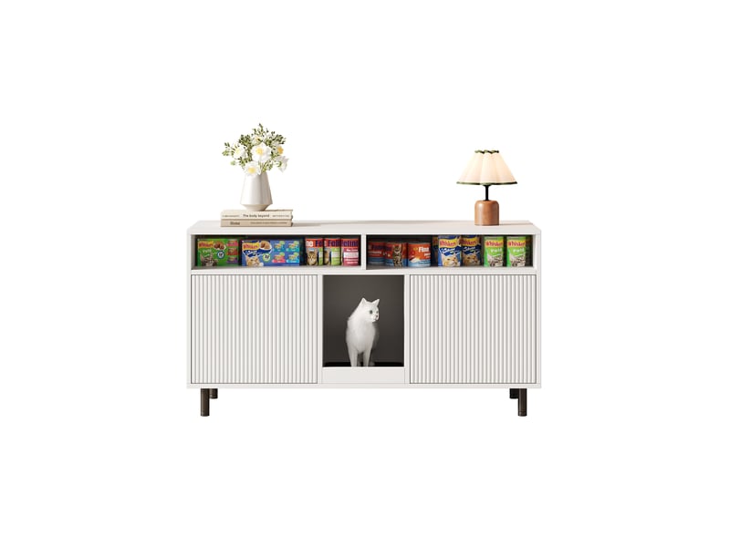  Meuble tv blanc pour litière féline 120 cm, rangement à 2 emplacements et tapis collecteur inclus, discret  - Conforama A