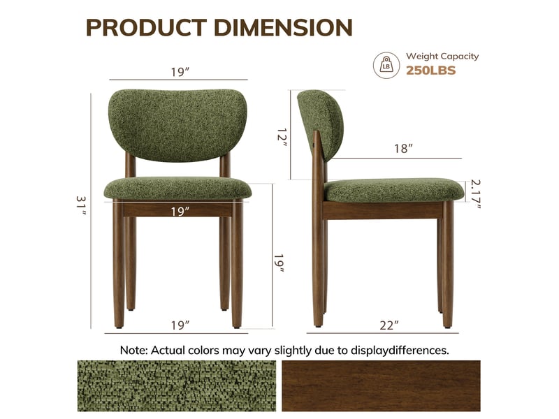  Lot de 2 chaises de salle à manger en chenille, pieds en bois, dossier ergonomique, assise rembourrée confortable, style moderne pour salle à manger et cuisine, vert  - Conforama C