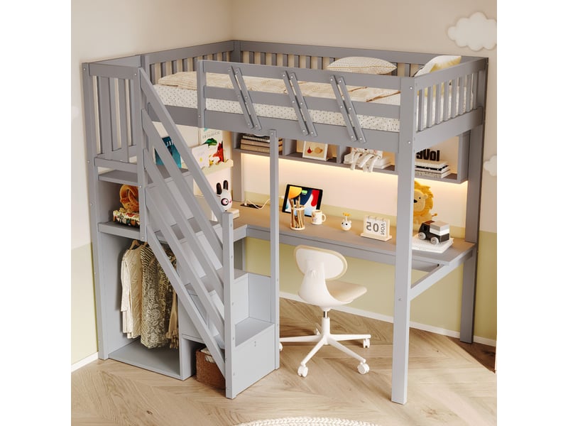  Lit mezzanine,90x200 cm,avec échelle rangement,bureau,led,usb bois,gris  - Conforama D