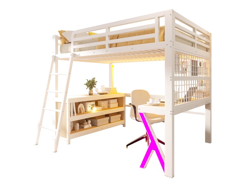 Lit mezzanine 140x200 cm avec bureau, armoire de rangement et led, structure métal et mdf, blanc - Conforama A