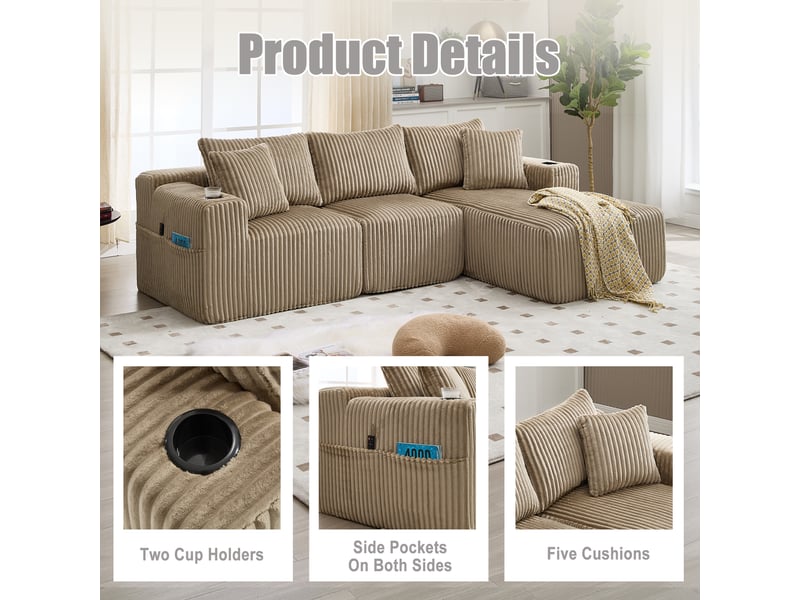 Canapé modulable en velours côtelé kaki 257x160x62 cm, chaise longue, 2 places, 5 coussins, poches et porte-gobelets 257x160x62cm - Conforama E
