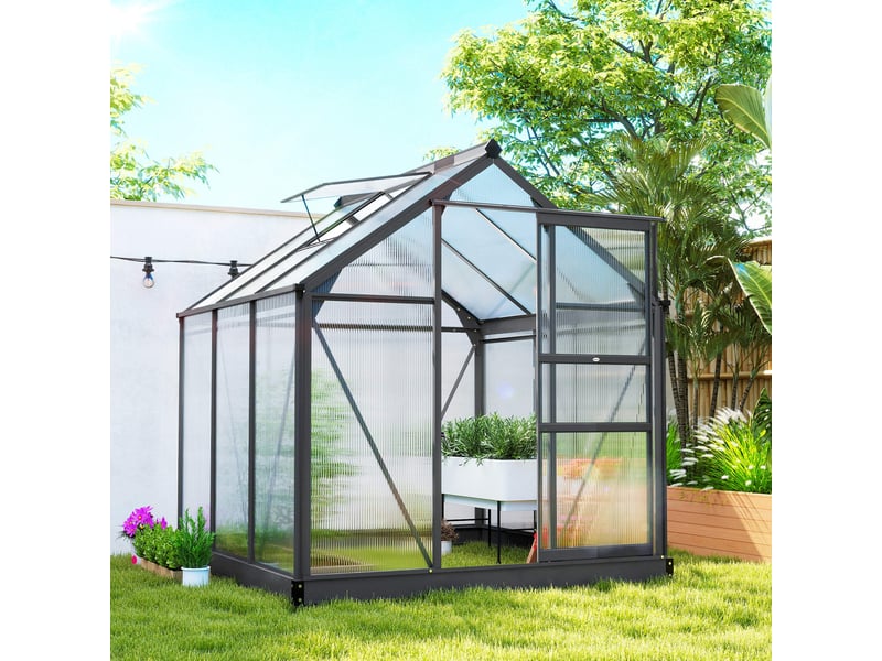  Serre de jardin polycarbonate 3,65m² 190 x 192 x 201 cm résistant aux uv fondation renforcé gouttière gris  - Conforama D