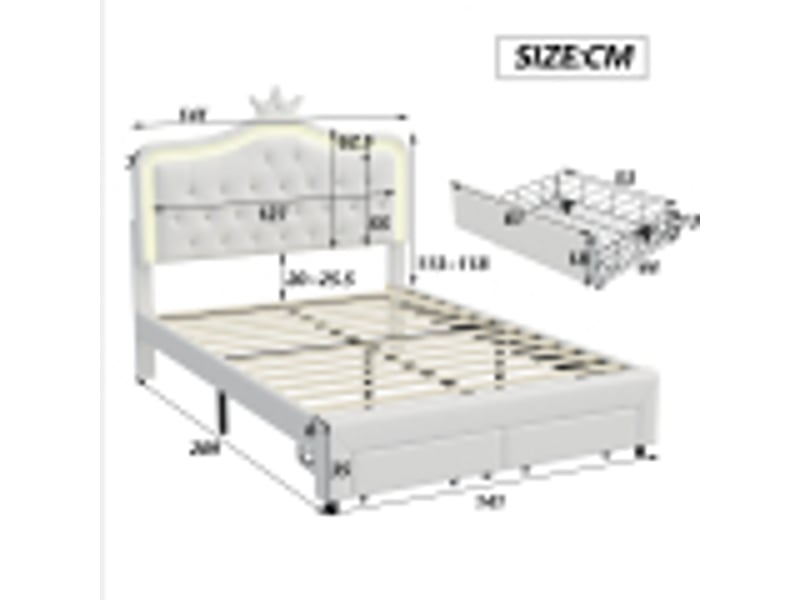  Lit rembourré 140x200 cm avec 2 tiroirs, lit capitonné avec tête de lit couronne lumineuse led, lit capitonné avec tête de lit réglable, pu, blanc, sans matelas  - Conforama B