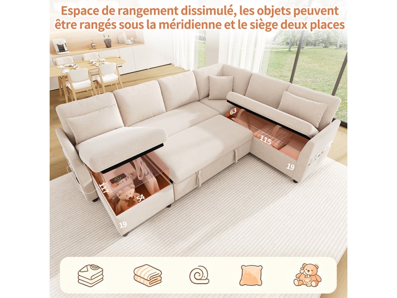 Canapé d'angle en l ou en u – 6 places – avec coffre de rangement – avec ports usbtype-c – avec 3 coussins – beige - Conforama W