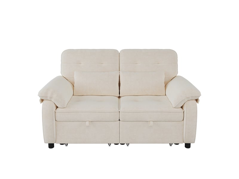  Canapé-lit 2 places 3-en-1, beige, chenille, dossier réglable, USB et 2 coussins  - Conforama A