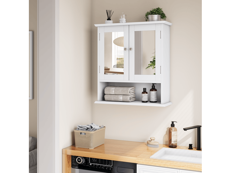  Armoire de salle de bain murale avec miroir, étagères réglables et niche ouverte, en mdf blanc, 54,6 × 19,8 × 60 cm  - Conforama B