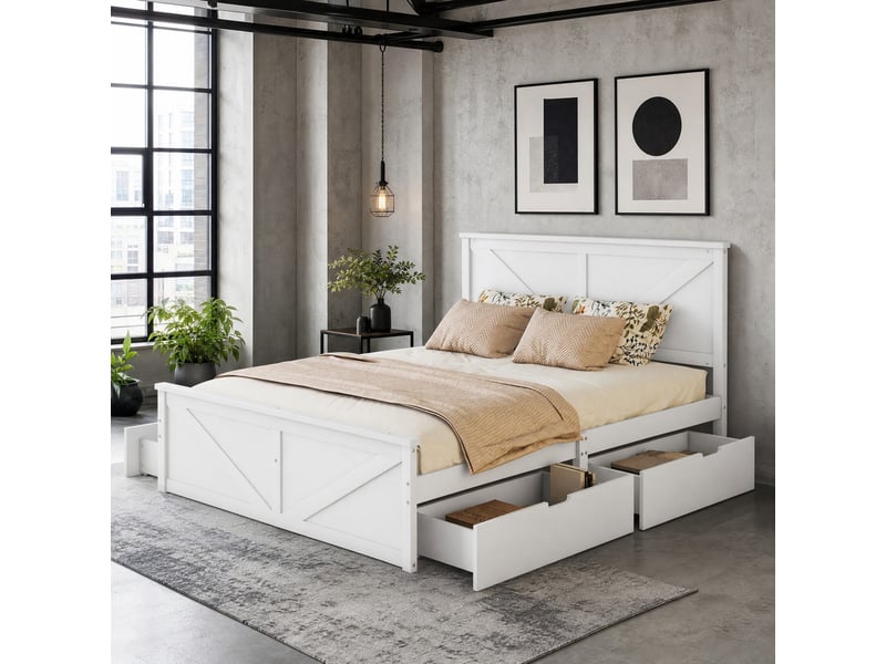Lit 160x200 avec 4 tiroirs de rangement et tête de lit blanc cravdom - Conforama C