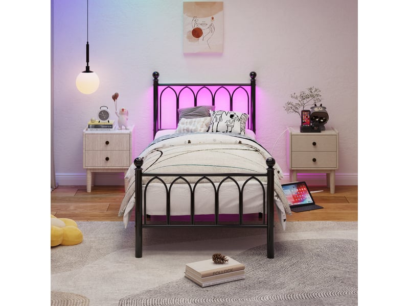  Lit enfant simple 90x200 cm en métal noir avec led, usb et prise  - Conforama D