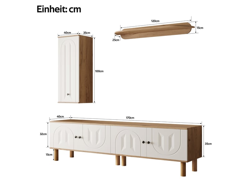  Composition murale tv 180 cm – blanc et bois, portes décor sculpté, meuble salon moderne  - Conforama C